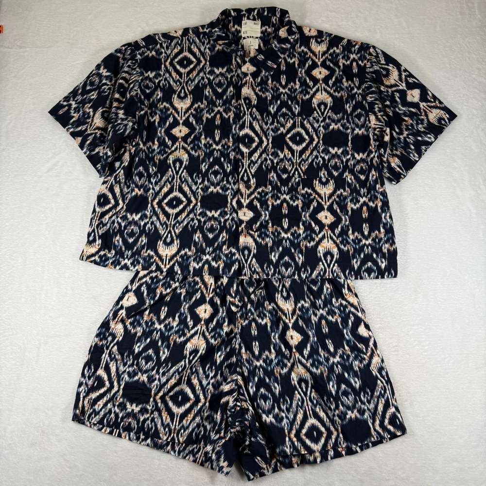 Eat Dust 673 Mens Ikat Diamond Print Two Piece Shirt and Shorts Set Navy Size 1